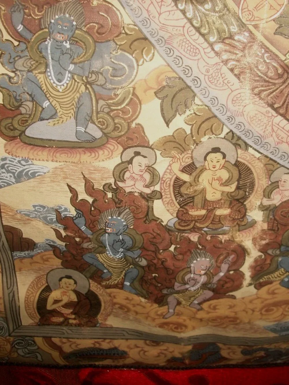 Large Hanging Vintage Tibetan Thangka w Handpainted Mandala on Heavy Brocade
